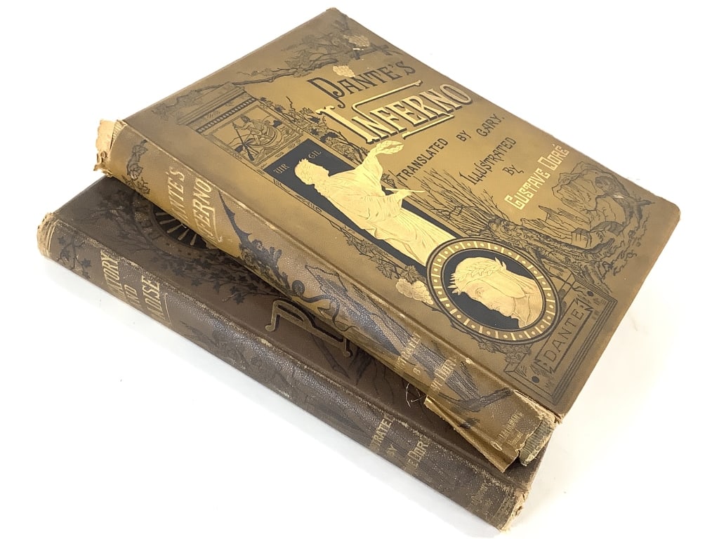 Gustave Dore Illus Dante 2 Vol: Cassell & Company. Full illustrations. Dante portrait signed in plate and dated 1860. 13 1/8" x 10 1/2". Embossed cloth covers. Purgatory And Paradise. 337pp. Dante's Inferno. 183pp Cary, Rev. Henry F