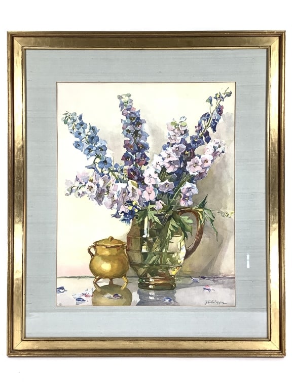 J. Phillipe Floral Still Life Watercolor: 19 7/8" x 15 7/8" (Sight). 28 1/2" x 24 3/8" (Frame). Signed lower right, copyright symbol and stamp mark lower left. Not examined out of frame.