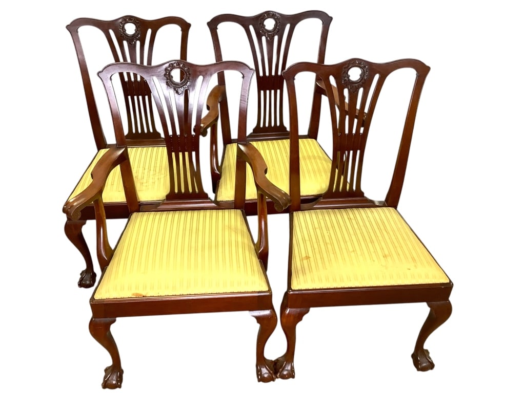 4 Nathan Margolis Chippendale Dining Chairs: 39"H with 19 3/4"W x 15"D removable upholstered seats. Classic design with backs similar to those in the dining room of the Connecticut Governor's Residence. Carved claw and ball feet on cabriole leg.