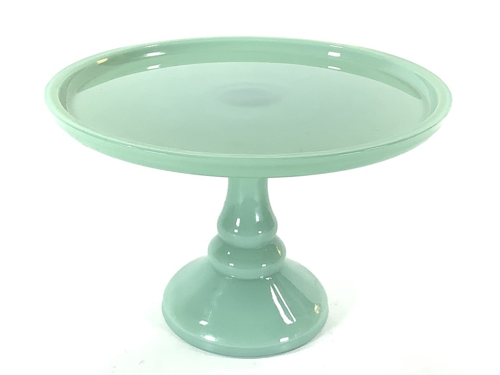 Vtg Jadeite Glass Cake Stand: 10 1/4"W x 7"H. Unmarked, age and origin unknown. Similar pieces were in production around 1930-1960s. Overall very good condition.