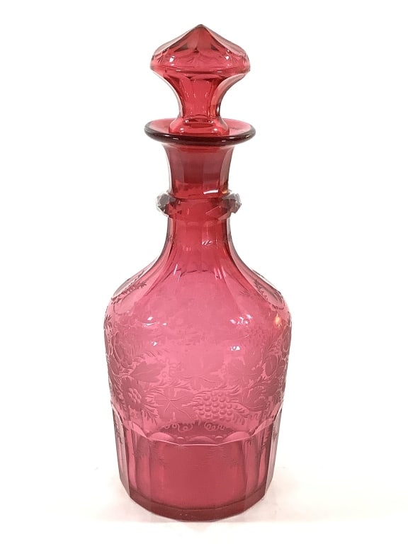 Floral Etched Cranberry Glass Decanter w/ Stopper (1 of 9)