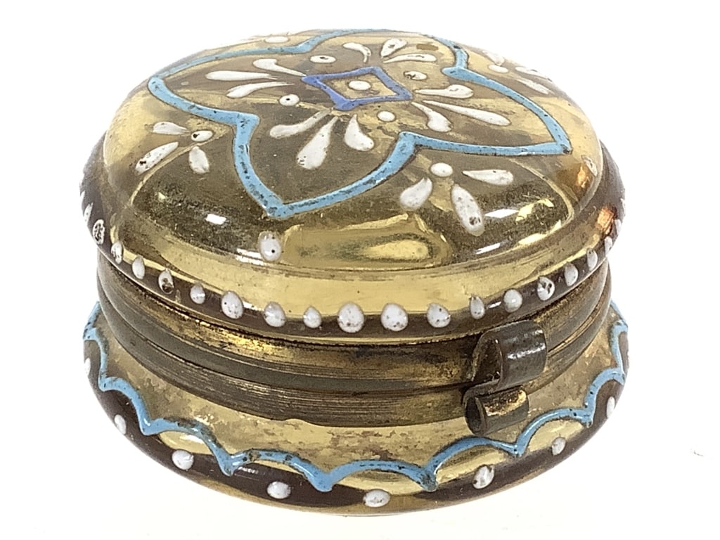 Bohemian Hand-Painted Amber Glass Trinket Box: 2"W x 1 1/4"H. Unmarked. Exact age and artist unknown, similar pieces date back to the late 19th century.