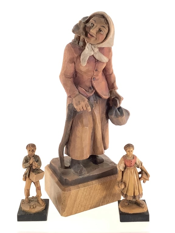 Anri Italian Carved Woman w/ Cat Figure +: 3 total figures. One labeled Anri Italy, 7"H. Others are miniature, 2 3/4"H, and unmarked.
