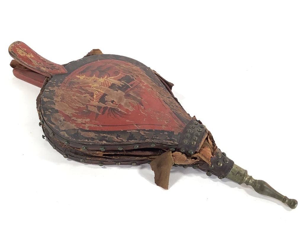 19th Century Hand-Painted Fireplace Bellows: 21"L. Restoration recommended. Paint loss, leather rot, and patina. Unique piece.