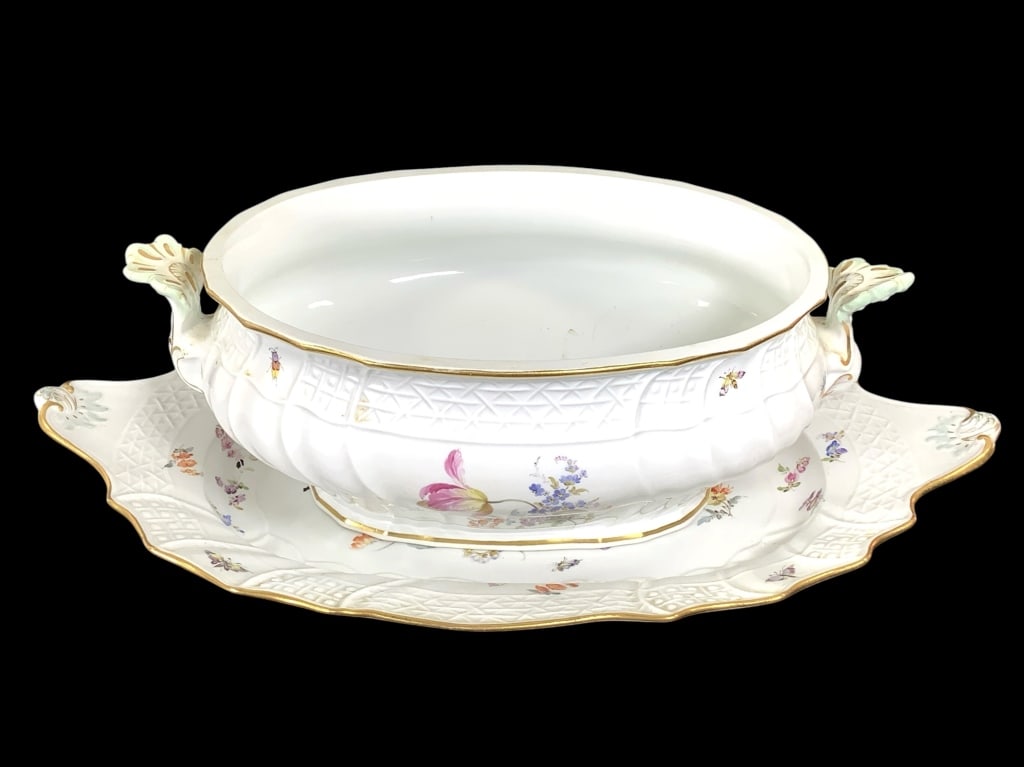 Meissen Floral Soup Tureen w/ Underplate: Underplate 18 1/2"L x 10 1/2"W. Both pieces marked on bottoms. No lid with soup tureen, minor staining on interior.