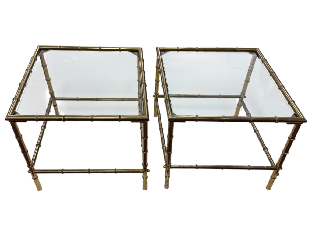 Pr Mid Century Brass Faux Bamboo Cocktail Tables: 17 1/2" x 17 1/2" x 16"H cocktail tables. Removable glass tops.