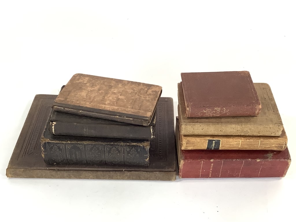 Antique Christian Historical Books, Bible Hymns +: 7 total items. Conditions vary, most show wear and aging.