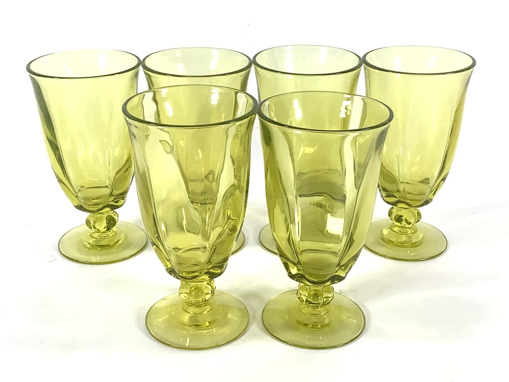 Tiffin-Franciscan Canterbury Uranium Glasses: Glasses 6 1/2"H x 3 1/2"W. Unmarked, though appear to be Tiffin-Franciscan Canterbury, produced between 1955 to 1980. Excellent condition.