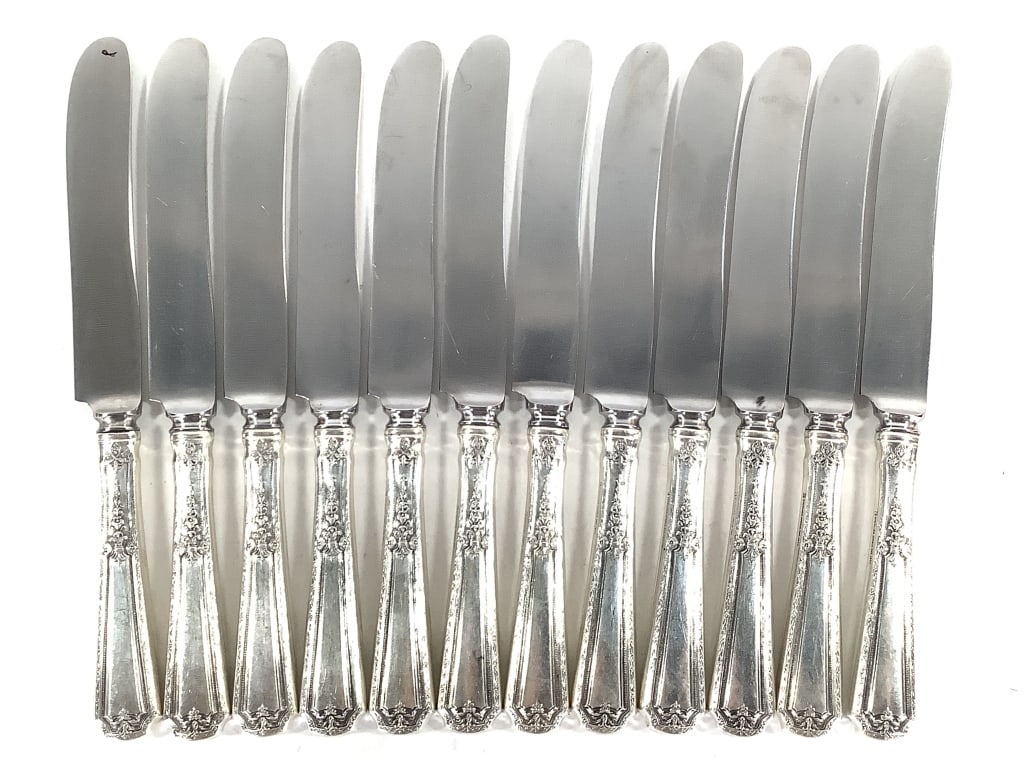 Towle Sterling Louis XIV 12 Dinner Knives: Not weighed. All marked Sterling Handle with T logo, Pat 1924. Not monogrammed, stainless blades. Matching lots 350s-356s.
