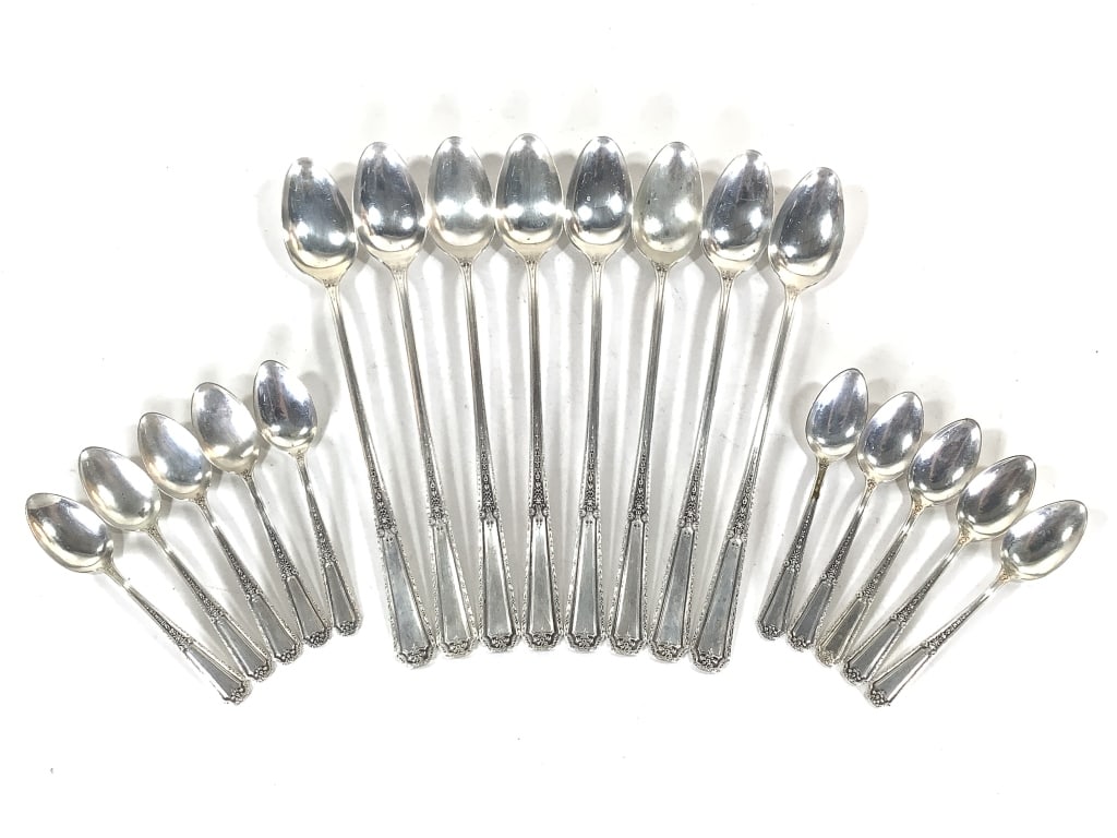 Towle Sterling Louis XIV Ice Tea & Demitasse 324g: 8 Ice Tea long handled spoons, 234g. 10 demitasse spoons 90g. All marked Sterling with T logo, Pat 1924. Not monogrammed, stainless blades. Matching lots 350s-356s.