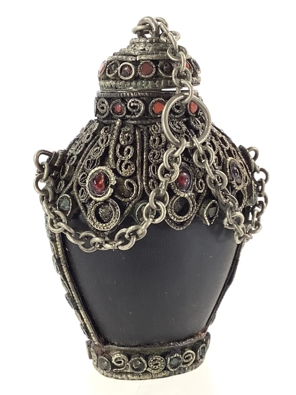 Ebony Snuff Bottle w Metal Filigree: 2 1/2"H, unmarked.