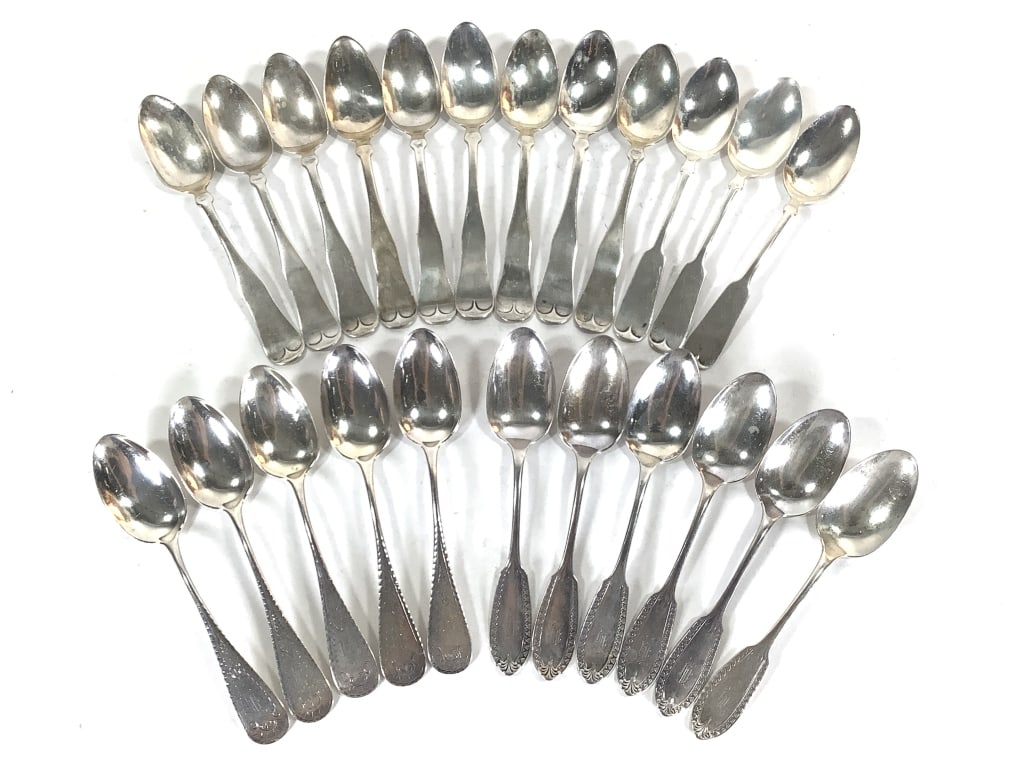 Antique Sterling Silver Spoons 434g: All marked Sterling. 11 with engraved/embossed designs with H monogram, 9 marked A.S.Gordon with monogram on back of handle, 3 antique with worn sterling mark.
