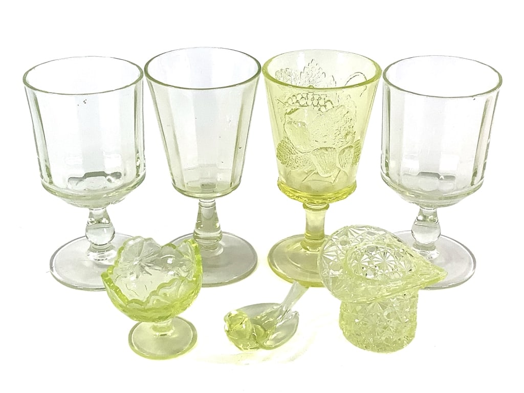 Antique Uranium Goblets, Bird, Hat & Footed Dish: 7 total items, goblets are approximately 6"H. All unmarked, makers unknown. Overall very good condition.