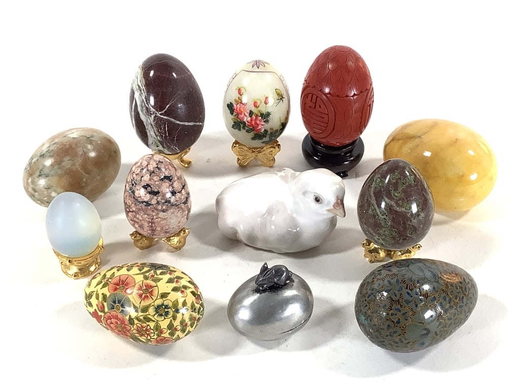 Antique Painted & Carved Eggs w/ Stands + Figure (1 of 12)