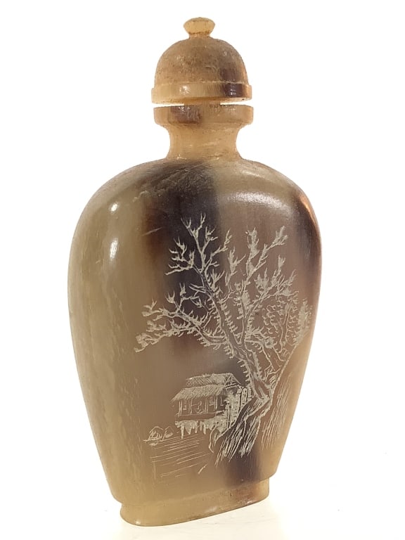 Horn Carved Snuff Bottle w Inscription (1 of 8)