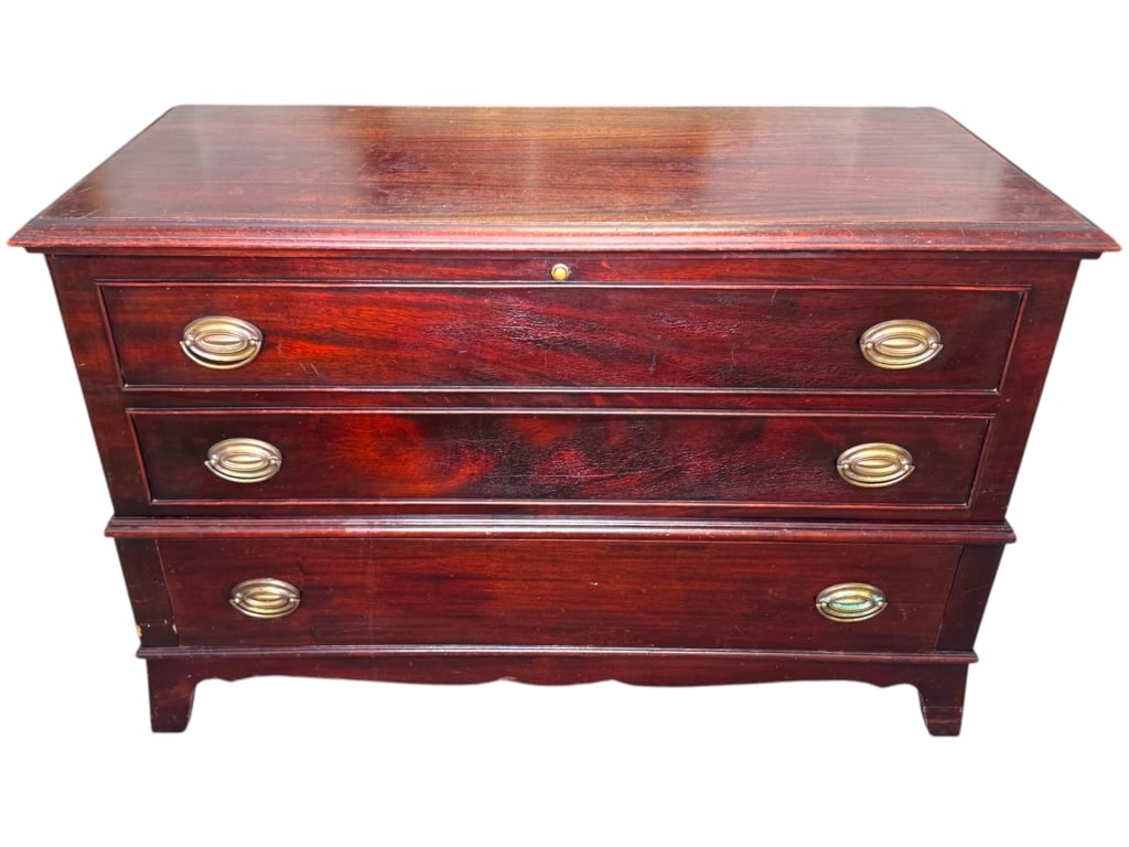 Lane Cedar Chest Faux Drawer Front: 44"W x 19"D x 29 1/4"H. Original paper labels on interior. Mahogany veneer (warping and cracking) exterior, solid cedar interior. Hinged top, lower drawer.