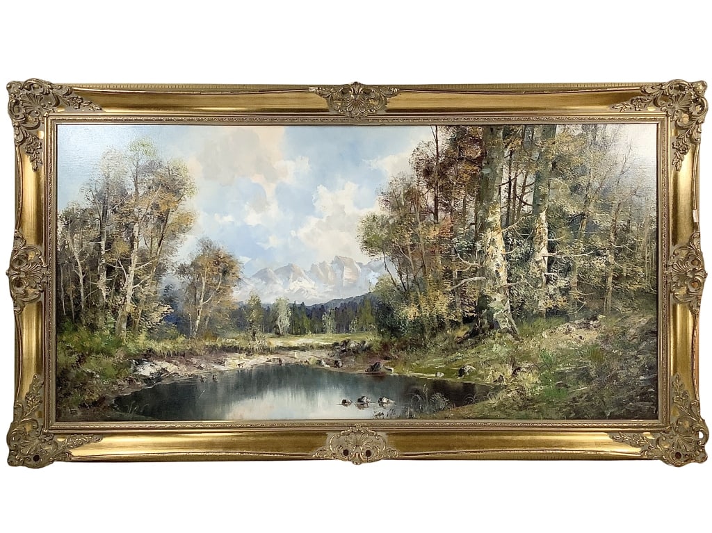 American School Oil on Canvas Landscape w Mountain: 30" x 54" (Frame - losses). Forest pond with mountains in the distance. Unsigned.