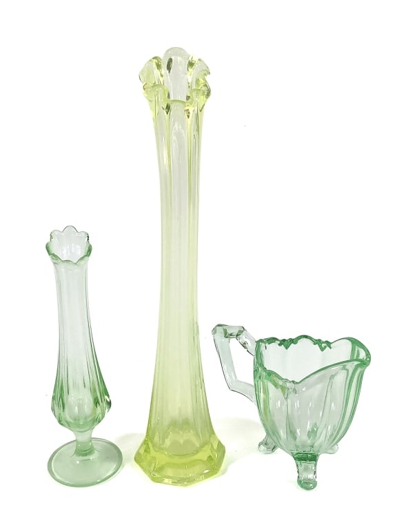 Uranium Glass Vases & Footed Creamer (1 of 11)