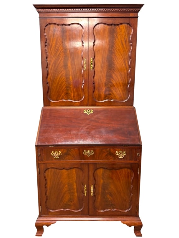 Nathan Margolis Federal Style Secretary Desk: 35"W x 20 1/2"D x 84"H. Broken pediment crown, book match figured mahogany door panels, filigree brass pulls and plates. Keys. Drop down writing surface with pull-out supports, fitted interior. Upper