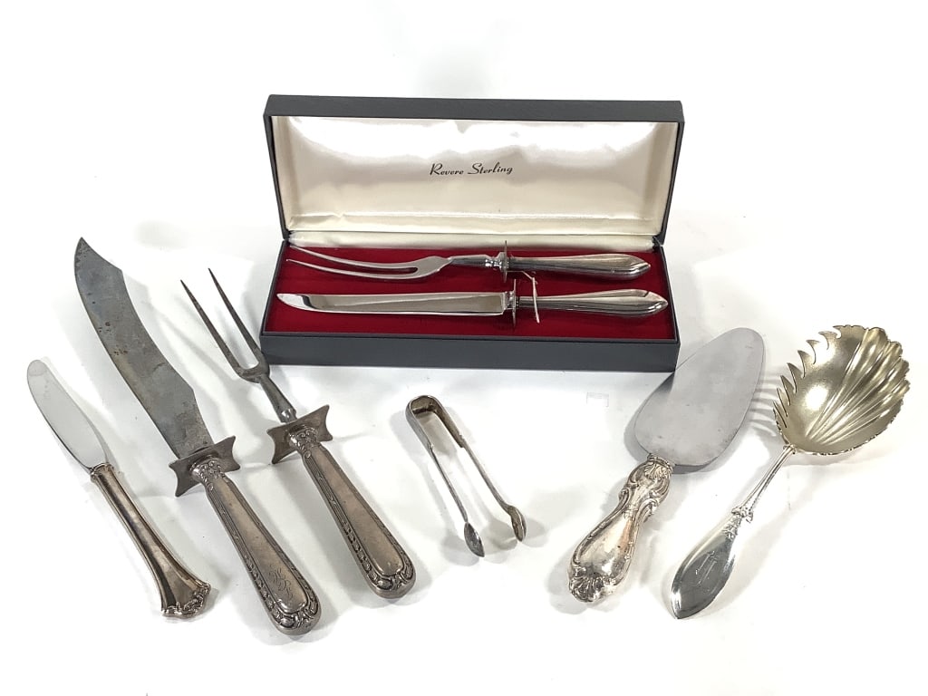 Reed & Barton, Revere Sterling Carving Utensils +: 7 total pieces. Most marked, please see photos. Several show minor rusting and expected aging.