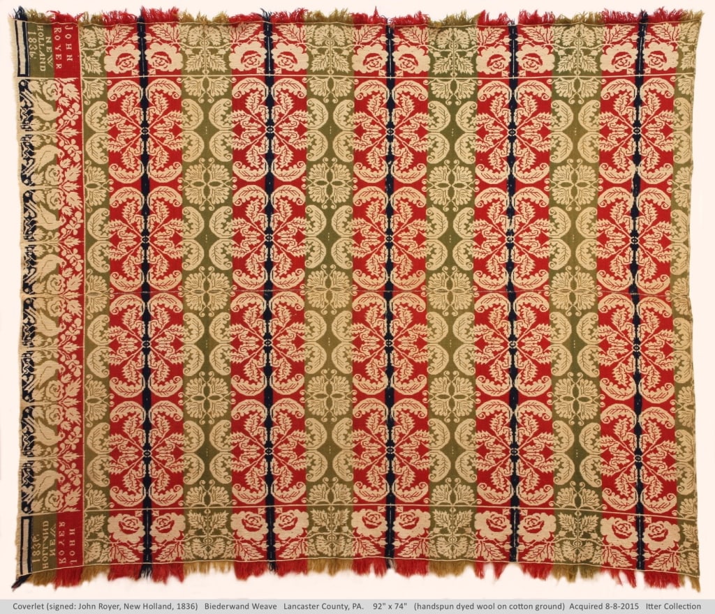 1836 Beiderwand John Royer Coverlet 92" x 74": Wonderful condition for age. Provenance: Collection of William and Diane Itter. Please see photos for condition and details.