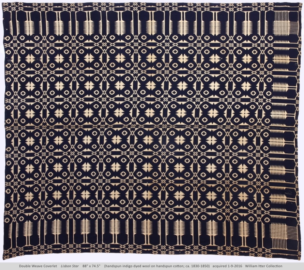 Double Weave Coverlet Lisbon Star 88" x 74": Good condition, some ripping on border. Collection of William and Diane Itter. Please see photos for condition and details.