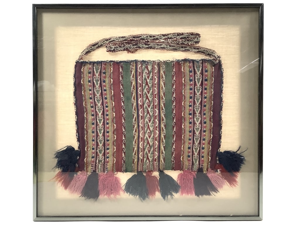 Framed Bolivian Chuspa Coca Bag w/ Strap: Frame 17" x 16", textile 14" x 10" (strap not included in measurement). Framed behind glass. Fringe is largely intact. Weaving is intricate and structurally sound, no holes or major damage. Very minor