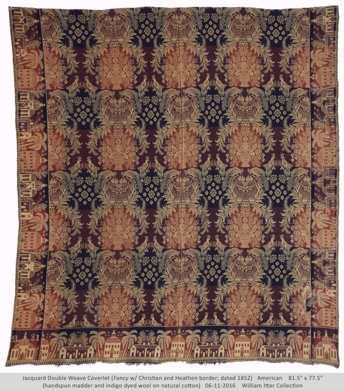 1852 Double Weave Jacquard Coverlet 81" x 77": Great condition with some losses to fringe and visible patched repair work. Provenance: Collection of William and Diane Itter. Please see photos for condition and details.