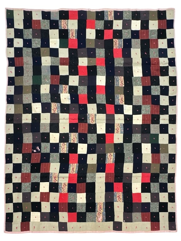 Early Patchwork Tied Quilt 77" x 66": Overall good condition, few of the squares have some holes. Provenance: Collection of William and Diane Itter. Please see photos for condition and details.