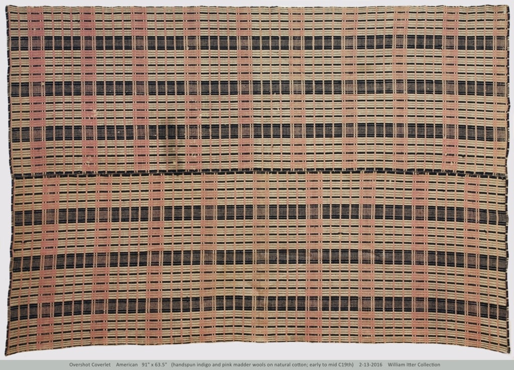 Early Monk's Belt Overshot Coverlet 91" x 63": Overall good condition with some notable areas of staining. Provenance: Collection of William and Diane Itter. Please see photos for condition and details.