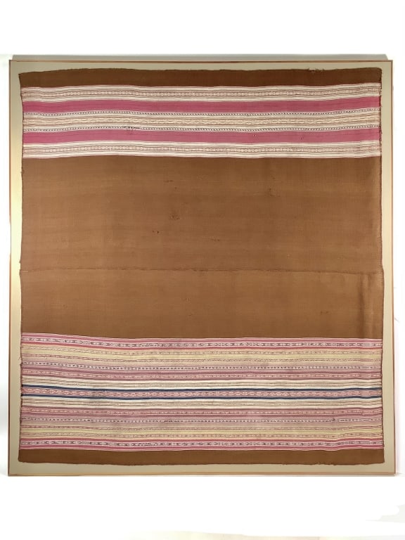 Framed Andean Aymara Manta Shoulder Cloth: Frame 48" x 51", textile 45" x 49 1/2". Often times the colors, boarder width, and number of stripes on these pieces served as a system of social identity. This specific textile shows minor fraying al