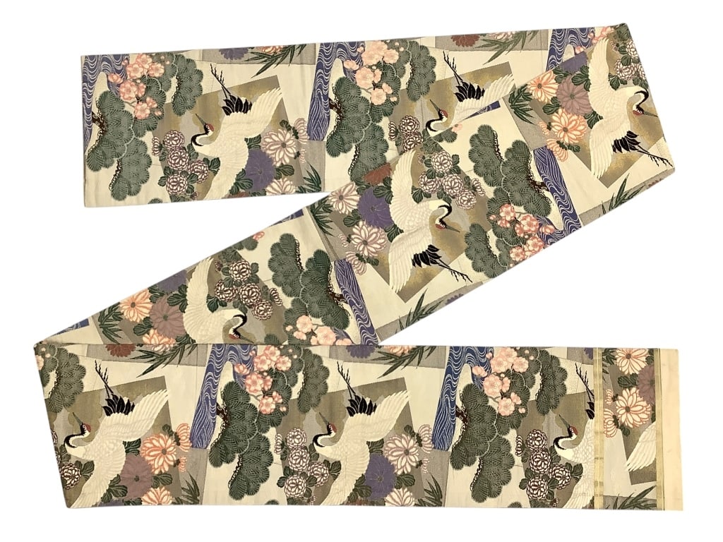 Japanese Maru Obi, Early to Mid 1900s: 135" x 12 1/2". Minor fraying / loose thread ends along edges. Small stains. Wear consistent with age. Designs well preserved. Provenance: Collection of William and Diane Itter. Please see photos for 