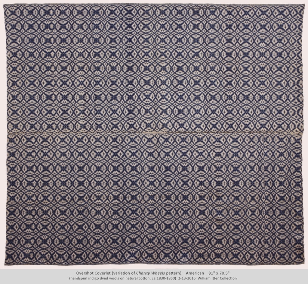 Charity Wheels Overshot Coverlet 81" x 70": Some discoloration along panels. Provenance: Collection of William and Diane Itter. Please see photos for condition and details.