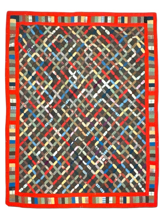 Antique Cobblestone Quilt 75" x 85": Some tattering and losses to the front. Provenance: Collection of William and Diane Itter. Please see photos for condition and details. Provenance: Collection of William and Diane Itter. Please see ph