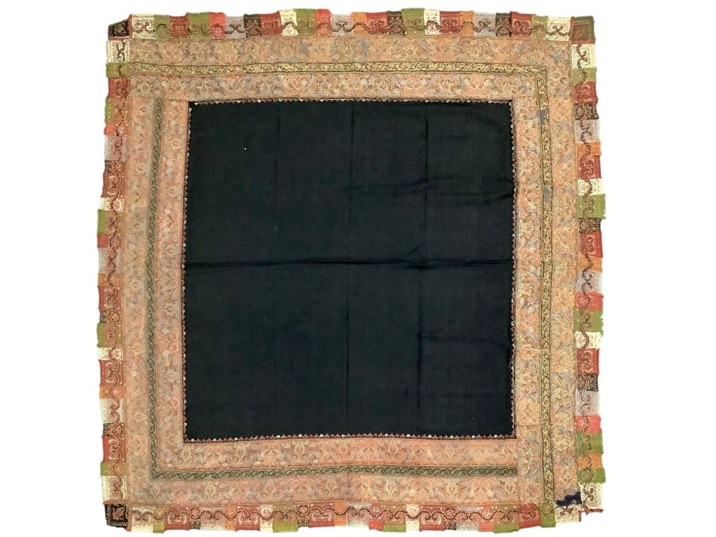 19thC Kashmir Hand Embroidered Paisley Shawl: 70" x 69". Raw, unfinished edges along boarder; seam separation in select areas. Minor fraying and loose threads throughout, consistent with age. Overall structurally intact, with several sections of 
