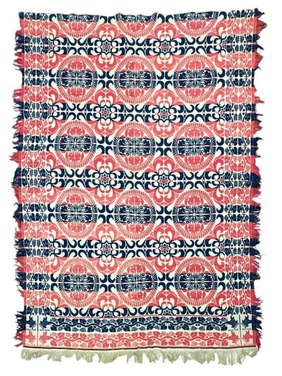 1856 Pink Blue Jacquard Signed MAD 65" x 85": Overall good condition, minor discoloration, some losses to fringe. Provenance: Collection of William and Diane Itter. Please see photos for condition and details.