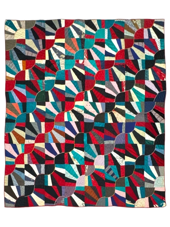 Antique Crazy Quilt w Wavy Silks 67" x 73": Significant tattering to some areas. Provenance: Collection of William and Diane Itter. Please see photos for condition and details.
