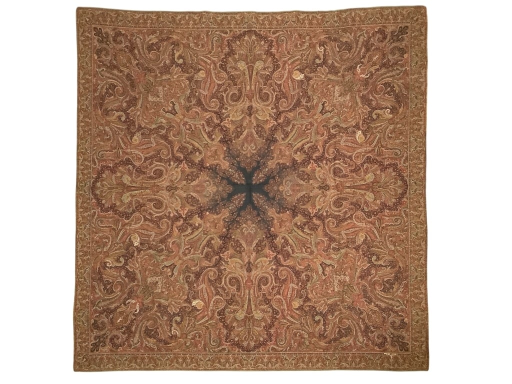 19thC Persian Jamavar Paisley Shawl: 62" x 60". Raw, unfinished edges. Minor fraying and loose threads, wear consistent with age. Minor holes dotted throughout, overall well preserved intricate paisley weaving. Provenance: Collection of 