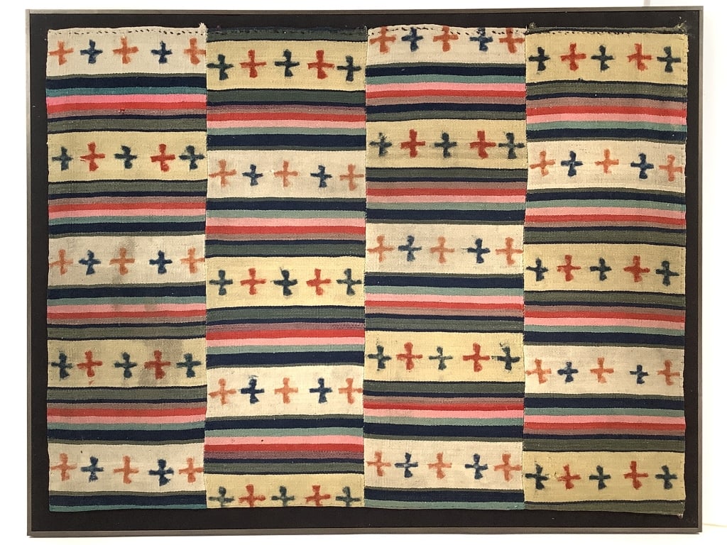 Framed Tibetan Stamped Hothra Jalo Textile: Frame 36" x 28", textile 34" x 25 1/2". Minor fraying along top edge. Two small holes, one in the upper left region and the other on the lower right. Otherwise excellent condition, intact. Provenance: