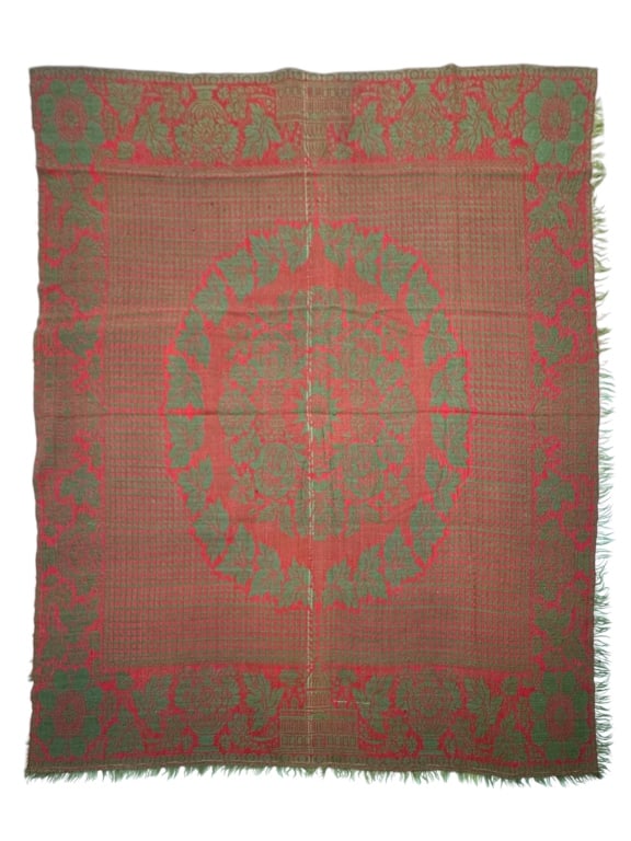 Red Green Jacquard Single Panel 76" x 84": Overall great condition, single panel with white lines going down the panel. Machine repairs visible. Provenance: Collection of William and Diane Itter. Please see photos for condition and details.