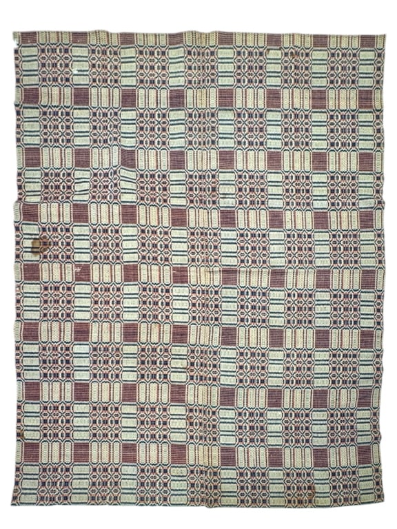 Early Colorful Overshot Coverlet 65" x 78": Some minor repairs, holes, and stain. Provenance: Collection of William and Diane Itter. Please see photos for condition and details.