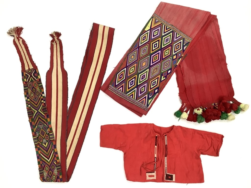 Guatemalan / Q'ero Faja Belts & Childs Garment: 3 total pieces, largest belt 64" x 9". Minor staining on garment sleeve. Belts show wear consistent with age; minor fraying, loose threads, and discoloration. Larger belt shows some seam separation an
