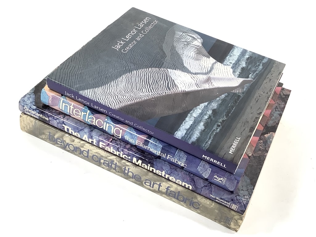 Jack Larsen & Mildred Constantine Books Signed: 4 books, all hardback. 'The Art Fabric: Mainstream' is signed by both Jack and Mildred. Good used condition, expected wear and creasing on paper covers. Books may have notes, personalization and / or 