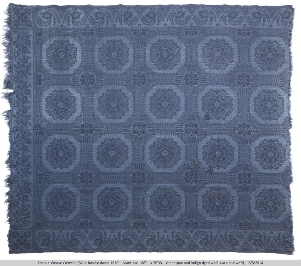 1850 Muir Family Double Weave Coverlet 88" x 76": Overall great condition with some losses to fringe and some visible repairs. Provenance: Collection of William and Diane Itter. Please see photos for condition and details.