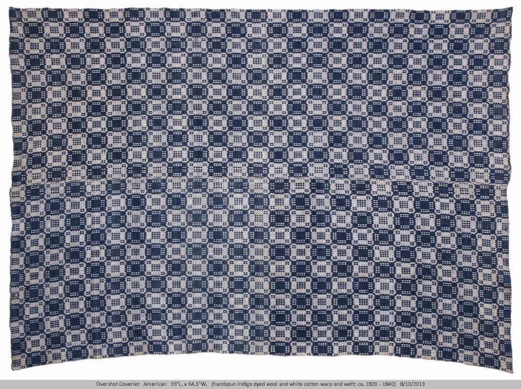 Squashed Wheels Overshot Coverlet 93" x 64": Overall good condition. Provenance: Collection of William and Diane Itter. Please see photos for condition and details.