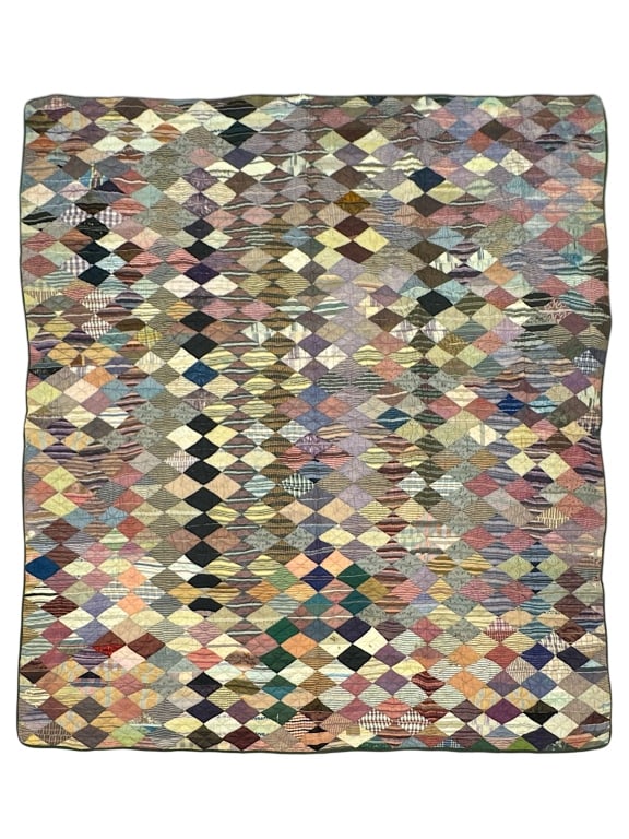 Silk Patchwork Diamond Quilt 77" x 77": Some staining and losses on reverse. Provenance: Collection of William and Diane Itter. Please see photos for condition and details.