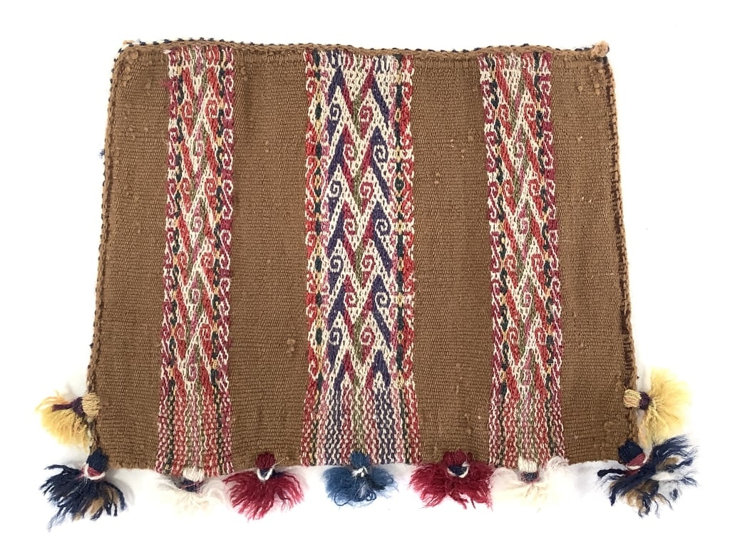 Andean Chuspa Coca Bag w/ Geometric Spiral Motifs: 7 1/2" x 6". Originating from Peru or Bolivia, early 1900s. Piece shows wear consistent with age. Minor loose threading along surface, overall intact. Colors are vivid and designs are well preserved. 