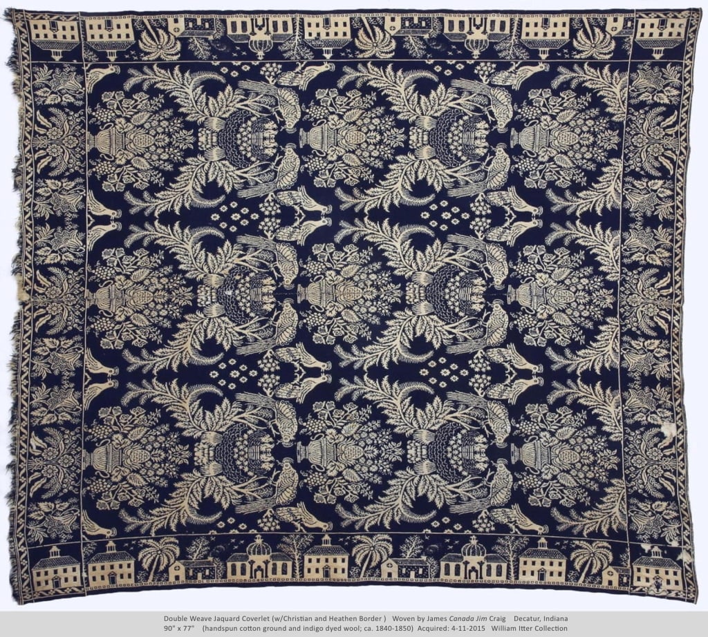 Think of Me Jacq Boston Town Coverlet 90" x 77": 2 Panels. Inscribed "Think Of Me M F G". Notable losses to corners with some visible repairs. Pattern was popular 1830-1855. Provenance: Collection of William and Diane Itter. Please see photos for