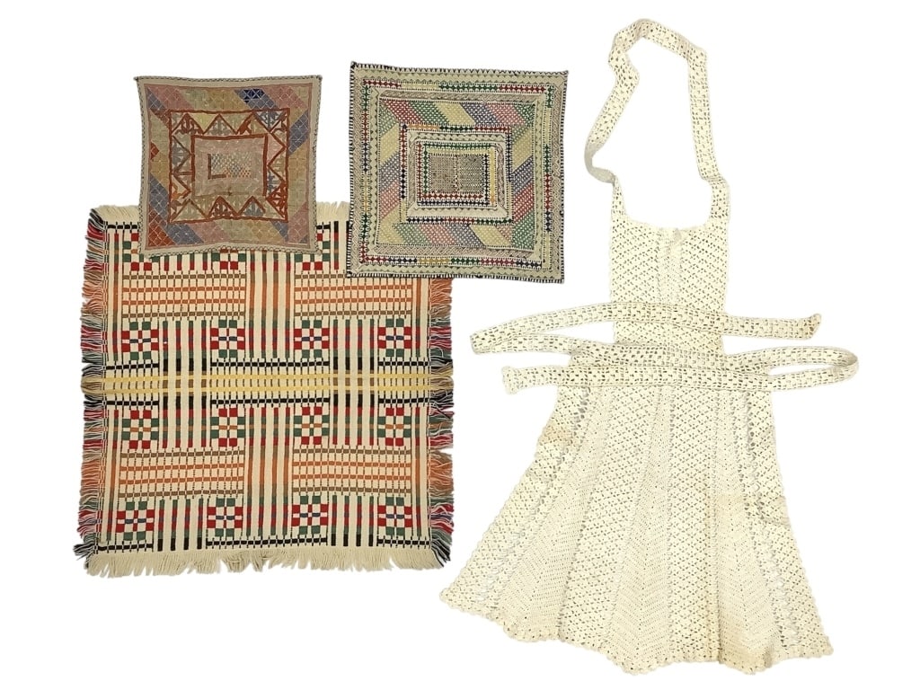 Scandinavian Monks Belt, Hazara Prayer Cloth +: 4 total items. Largest square 17 1/2" x 17 1/2". All pieces show wear consistent with their age. Minor fraying and loose threads dotted throughout. Small stains / discoloration. Very nice examples of 