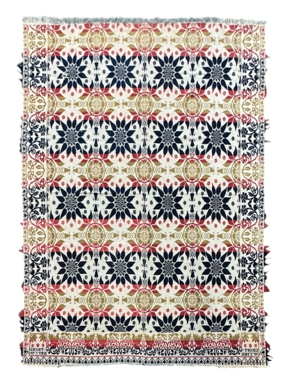 1846 Colorful Ernst Gwytsh Jacquard 84" x 72": Overall great condition with minor staining, as well as losses to fringe. Provenance: Collection of William and Diane Itter. Please see photos for condition and details.